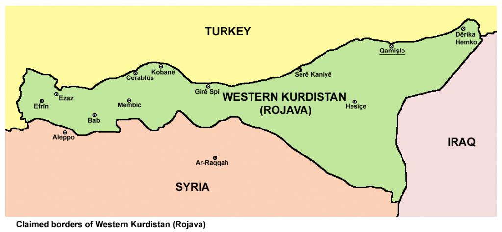 Karta som visar de gränser som västra Kurdistan (Rojava) gjort anspråk på.