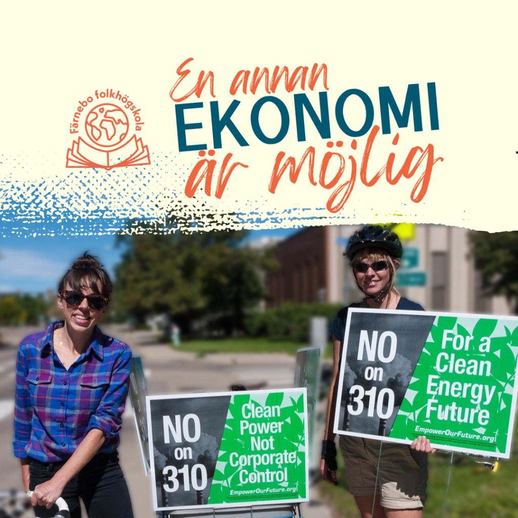 En bild på två cyklister som kampanjar för demokratiskt ägd och hållbar energi.